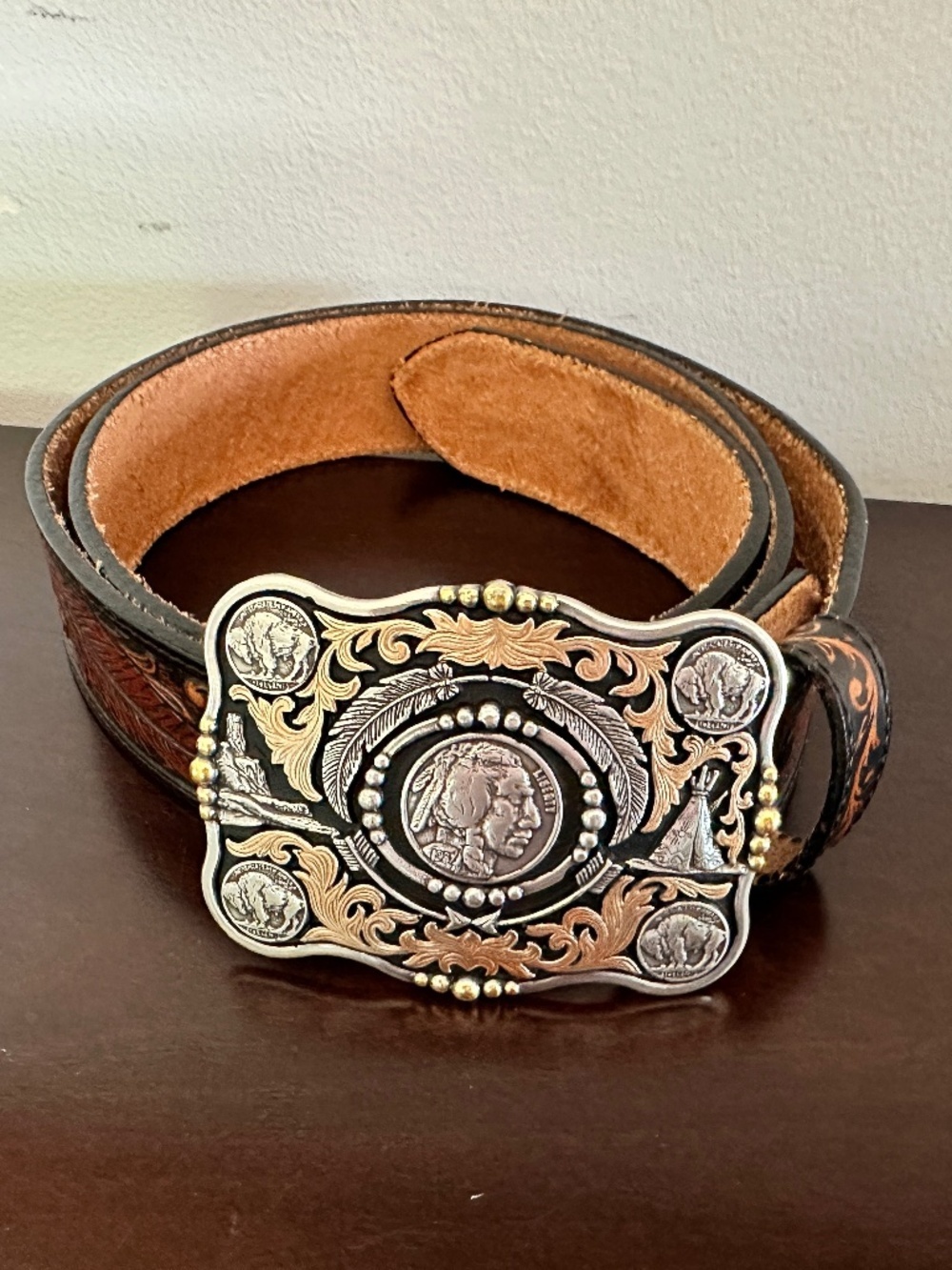 Justin Tooled Leather Buffalo Nickel American Indian Western Cowboy Buckel Belt